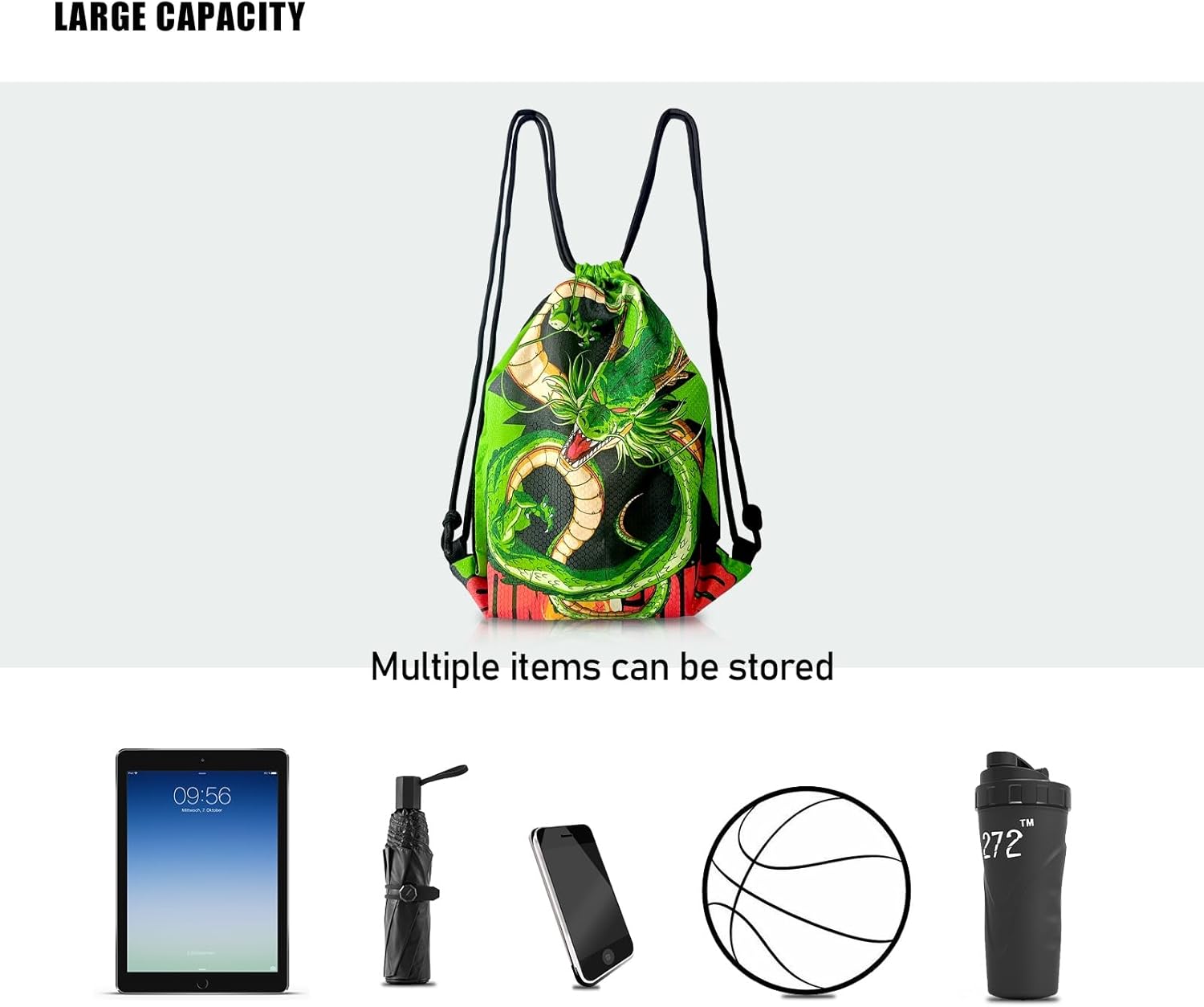 Drawstring Backpack Anime Green Dragon Gym Sack for Men (33.5 * 44cm) Water Repellent Oxford String Bag with Thick Comfort Straps Large Cinch Sackpack for Travel & Sports