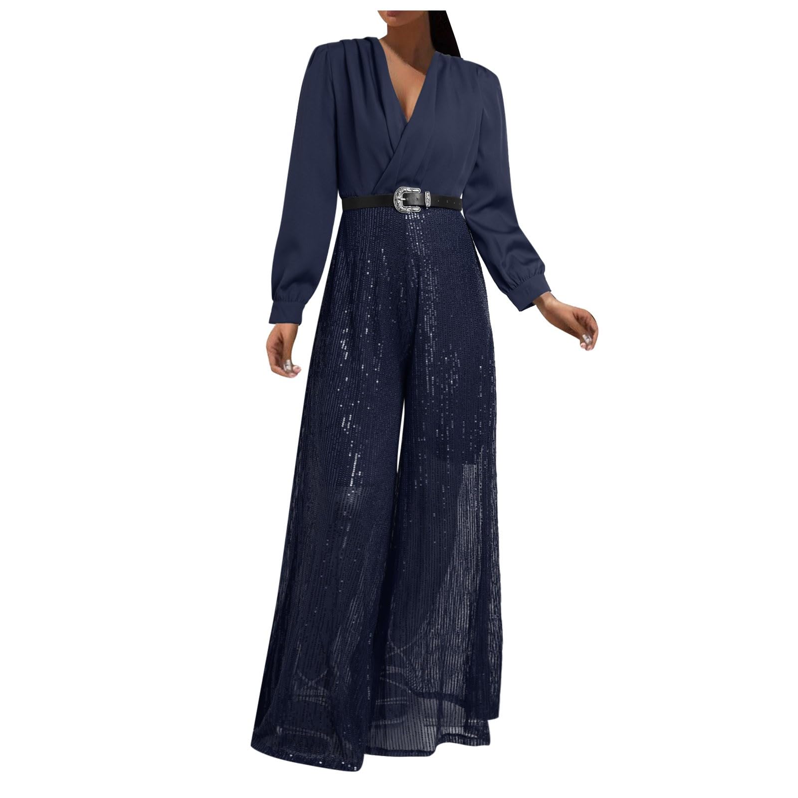 Jumpsuit Damen Elegant Lang, Hosenanzüge Für Damen Einfarbig Mit Ärmeln Overall Schicke Hosenanzüge Romper Lose Damen-Overalls Regular Locker Hosen Anzug Hochzeitsgast Outfit Weites Bein Playsuit