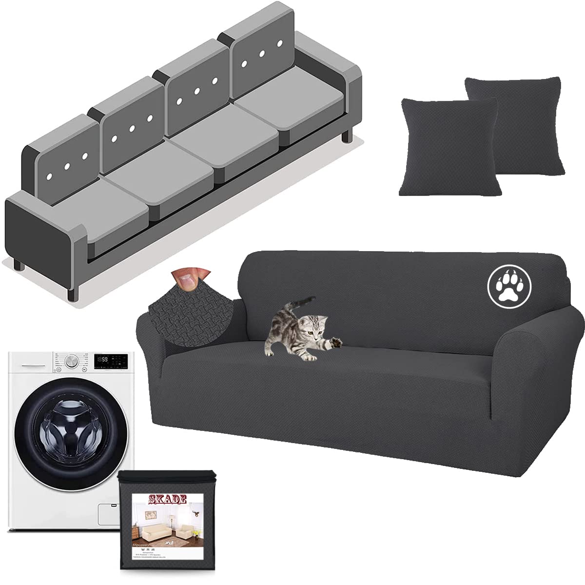 SKADE Creative Jacquard Couch Sofa Covers with 2 pillowcase, Super Stretch Non Slip Sofa Cover for Dogs Pet Elastic Furniture Protector Sofa Slipcovers With Elastic Bottom (4 Seater,Dark Gray)