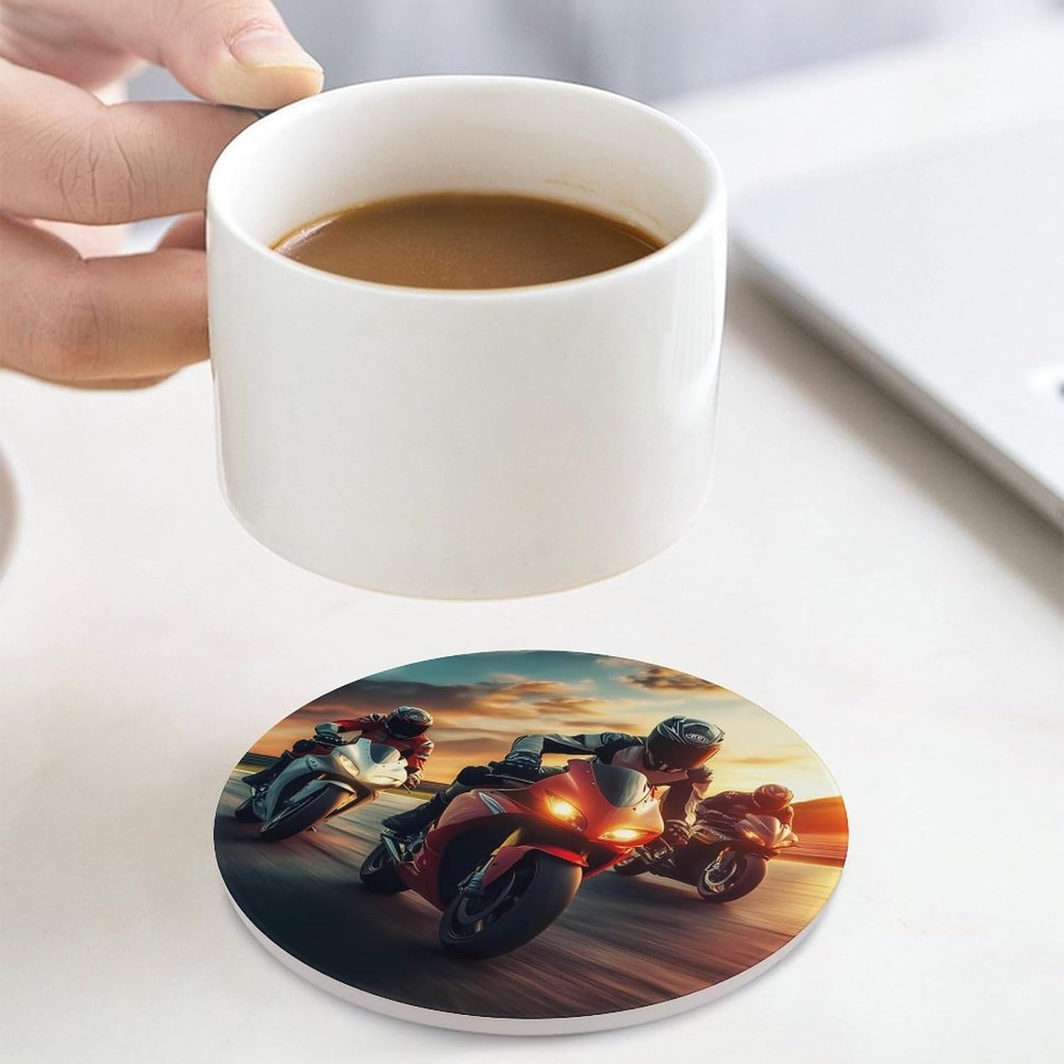 Motorbike Motorcycle Racing Coasters for Drink Round Ceramic Coaster with Cork Base Home Decorative 4PCS