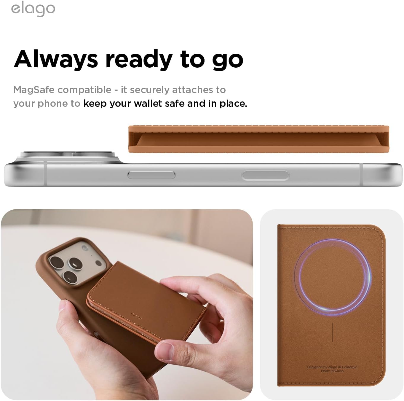 elago Magnetic Vegan Leather Wallet Card Holder 3-Cards Compatible with MagSafe for iPhone - Secure Phone Wallet, Scratch and Damage Protection [Brown] - Image 3