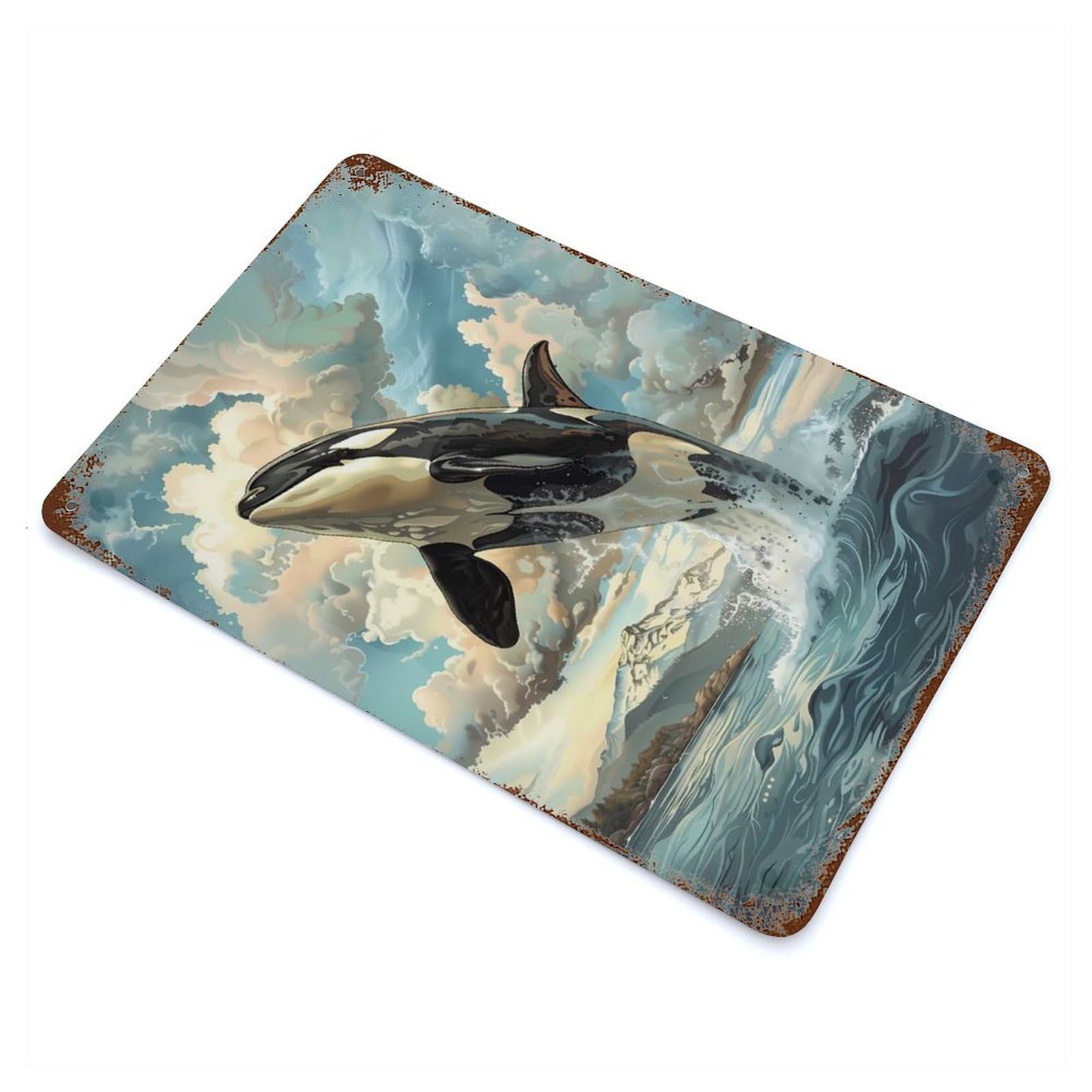 Rustic Tin Plaque with Majestic Orca Rising Design 11.8"x7.9", for Cafe, Home Bar And Lounge Decor, Industrial Home Decor