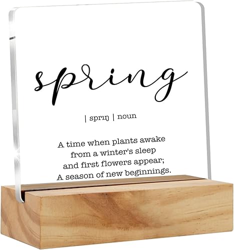 Letrero de primavera para decoración de escritorio, letrero de placa acrílica minimalista de primavera con soporte de madera, decoración de mesa de