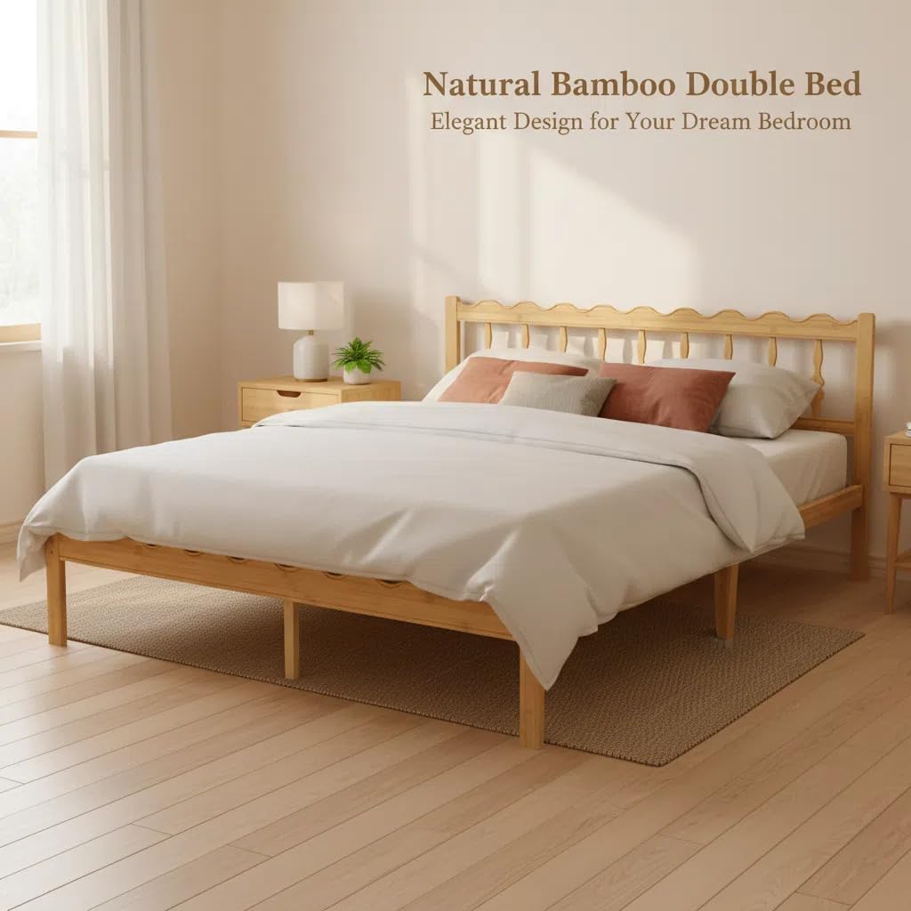 14 Inch Solid Wood Full Bed Frame with Wavy Headboard, No Box Spring Needed, No Squeak, Bamboo&Metal