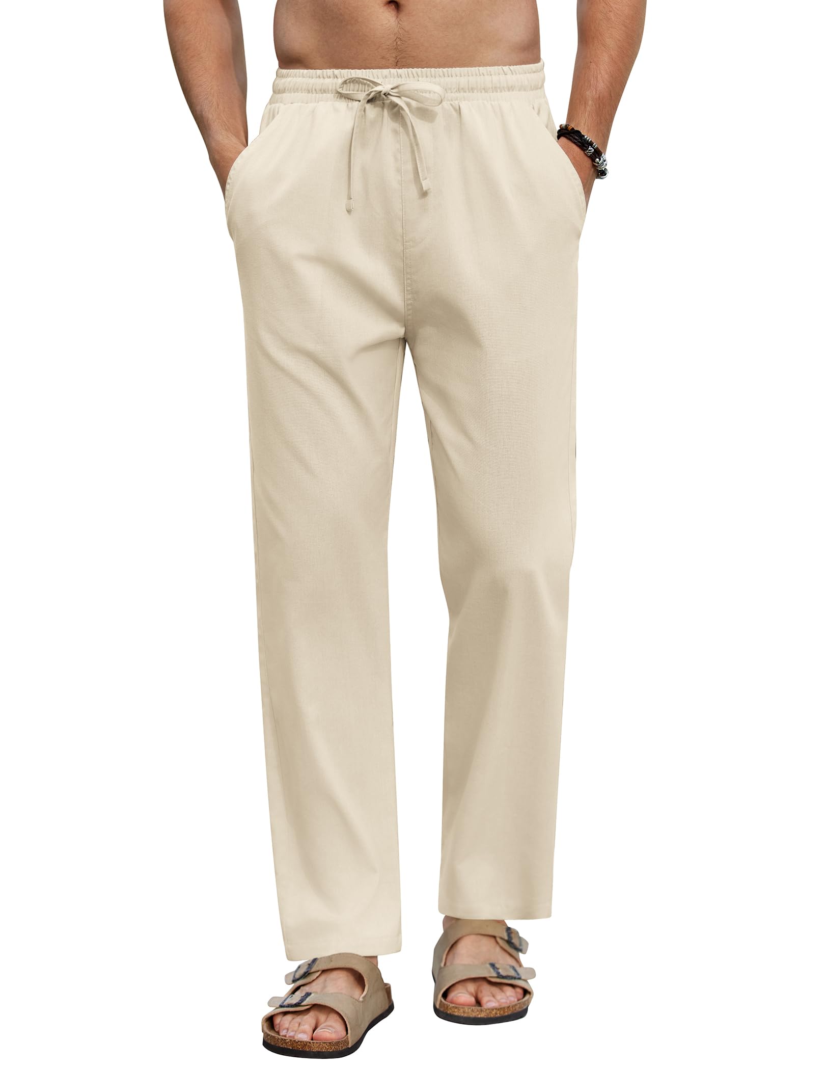 Poches Latérales Arrière Pantalon D'été Homme COOFANDY En Lin Léger - Coupe Ample - Taille élastique Avec Cordon - Couleur Camel