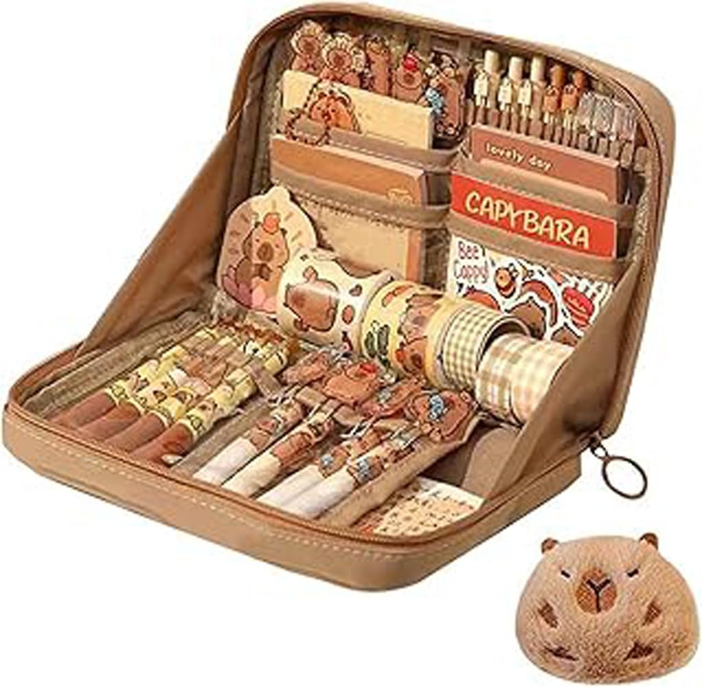 Pardofelis Capybara - Set regalo di cancelleria, 66 pezzi, per bambini e studenti, set regalo per penne, adesivi gomme, clip, righelli per scuola e ufficio