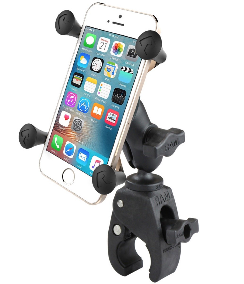 RAM X-Grip mount installed on a motorcycle handlebar with a smartphone