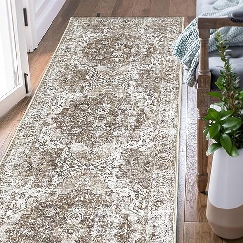 TOPICK Runner Rug 60x210cm Indoor Mat Hallway Entryway Rug Machine Washable Grey Multi Print Vintage Floral Carpet Thin Foldable Lightweight Non Slip Rug Kitchen Living Room Bedroom Office