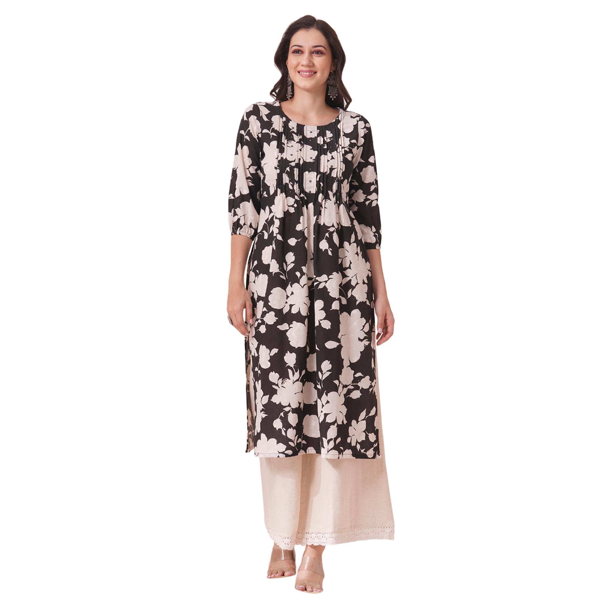 KAMI KUBI Straight printed kurta with tucks in front with handwork mirrors and elasticated sleeves.-picture-13