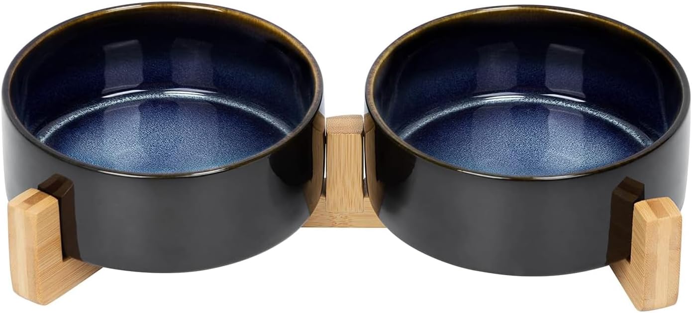 Ceramic Dog and Cat Bowl Set with Wooden Stand, Modern Cute Weighted Food Water Set for Small Size Dogs (13.5OZ) & Medium Sized Dogs (28.7OZ) & Cats (1.7 Cups, 2 × Starry Blue)