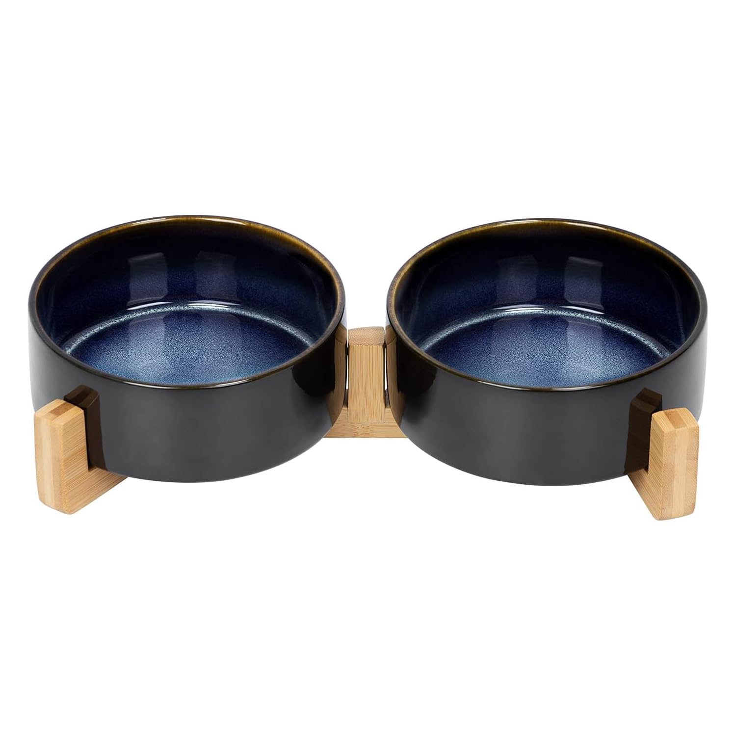 SPUNKYJUNKY Ceramic Dog and Cat Bowl Set with Wooden Stand, Modern Cute Weighted Food Water Set for Small Size Dogs (13.5OZ) & Medium Sized Dogs (28.7OZ) & Cats (1.7 Cups, 2 × Starry Blue)