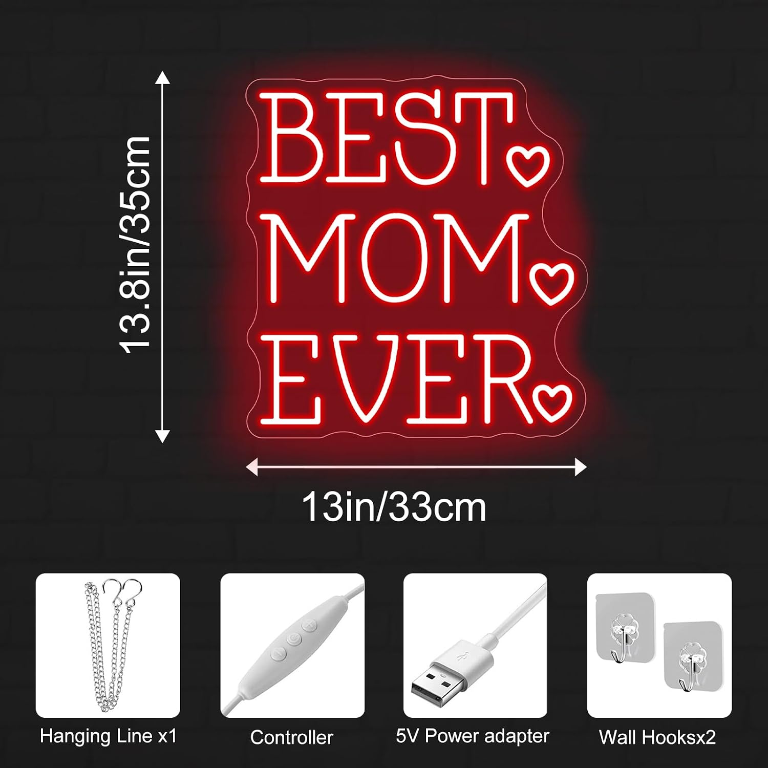 Best Mom Ever Neon Sign, Red MOM LED Neon Sign Wall Decor, Neon Signs for Wall Decor Mother’s Day Gifts Bedroom Home Party Flower Light 13.8” × 13”