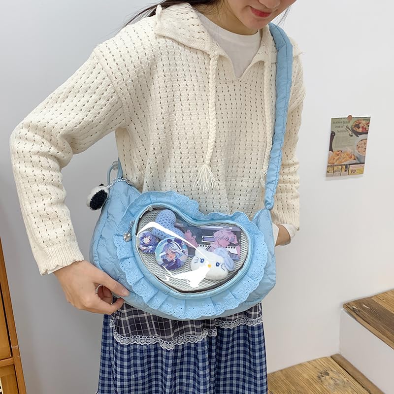 Womens Y2K Cute Pleated Puff Shoulder Bag Heart Print Transparent Kawaii Drawstring Large-Capacity Crossbody Bags4