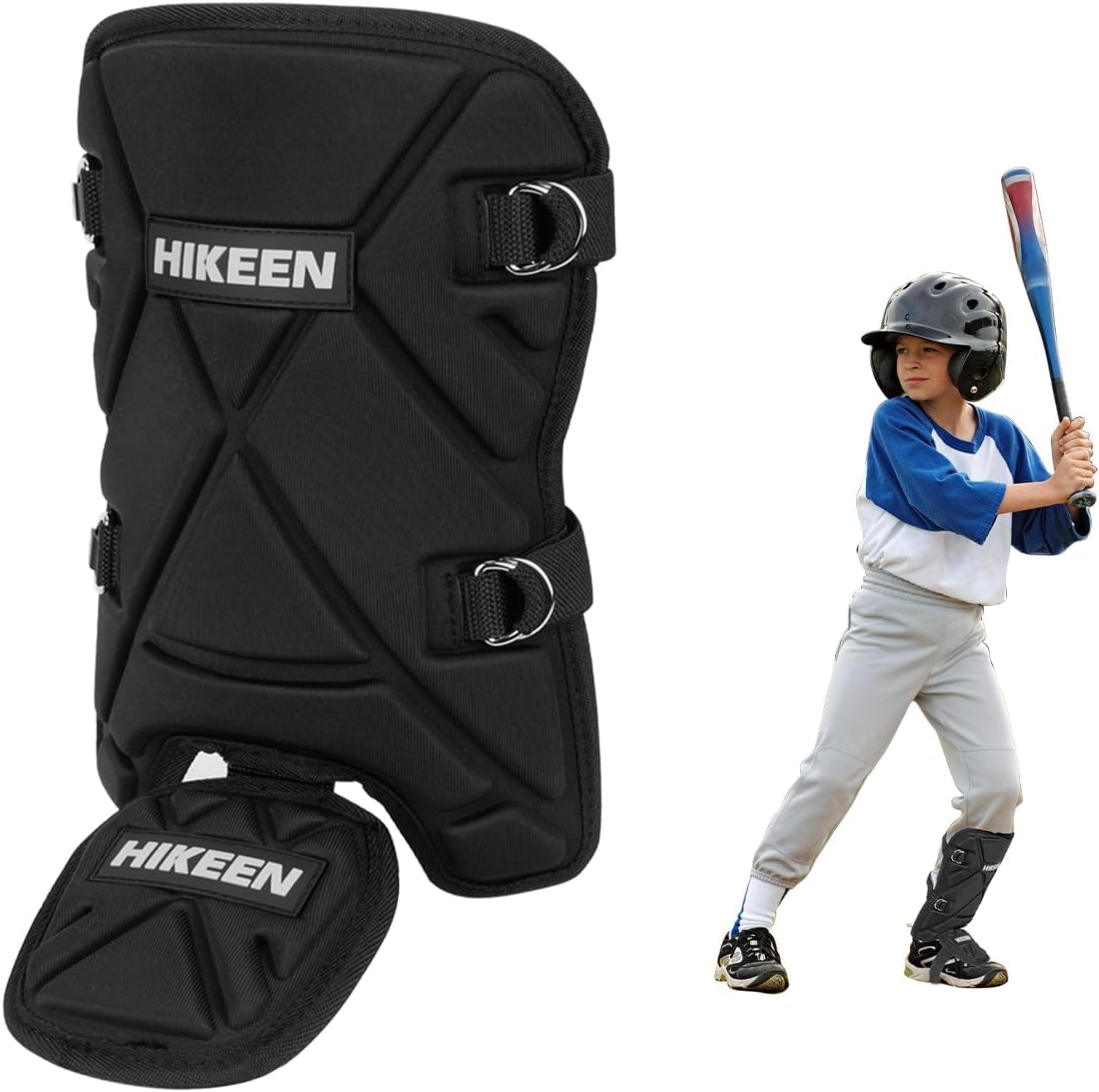 Hikeen Protector de pierna de béisbol para bateador de espinillas y pies con correas ajustables, equipo de sóftbol adecuado para bateadores de mano derecha e izquierda