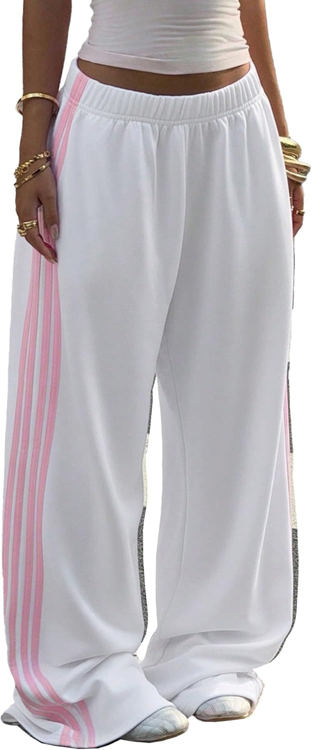 Ulovmi Womens Wide Leg Track Pants Side Strpied Baggy Sweatpants with Pockets