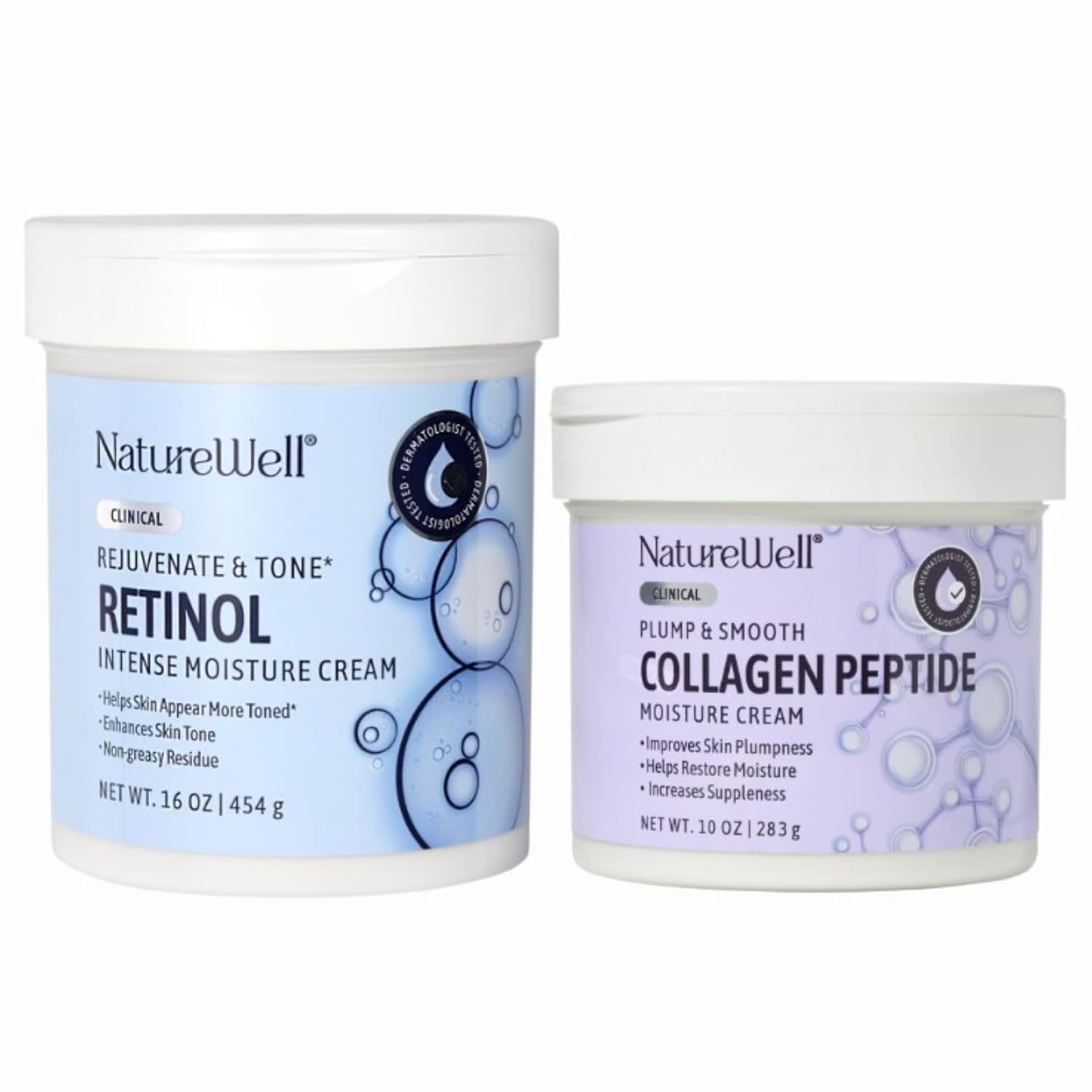 NATURE WELL Clinical Retinol 16oz & Collagen Peptide 10oz Moisturizing Cream Bundle for Face, Body, & Hands, Rejuvenate & Tone, Smooth & Soften, Provides Intense Hydration For Dry & Dull Skin