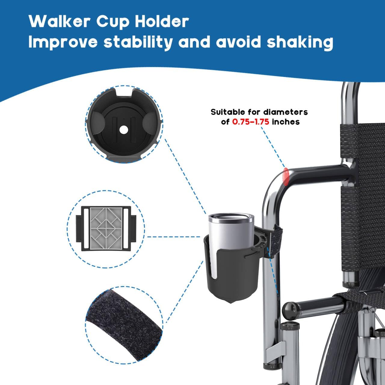 Walkers Cup Holder Compatible with Drive Medical Nitro Rollator, Clamp Fits 0.85-1.75 Inches, Universal Cup Holder for Wheelchairs, Boat, Strollers, Golf Carts - Image 2