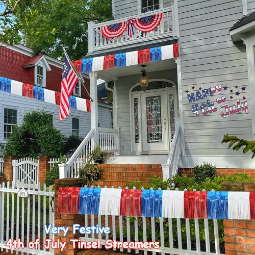 Image of 4 Packs Total 39 Feet 4th of July Parade Floats for Trailer Car, Red White Blue Foil Fringe Garland Patriotic Tinsel Streamers Banner Table Skirts for Graduation Homecoming Wedding Birthday Party