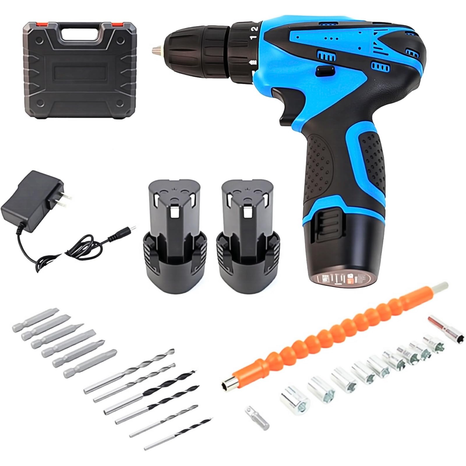 Trapano Avvitatore A Batteria 12V VOLTIX - 2 Batterie, 2 Velocità, 18+1 Coppie, Luce LED, 23 Accessori Inclusi