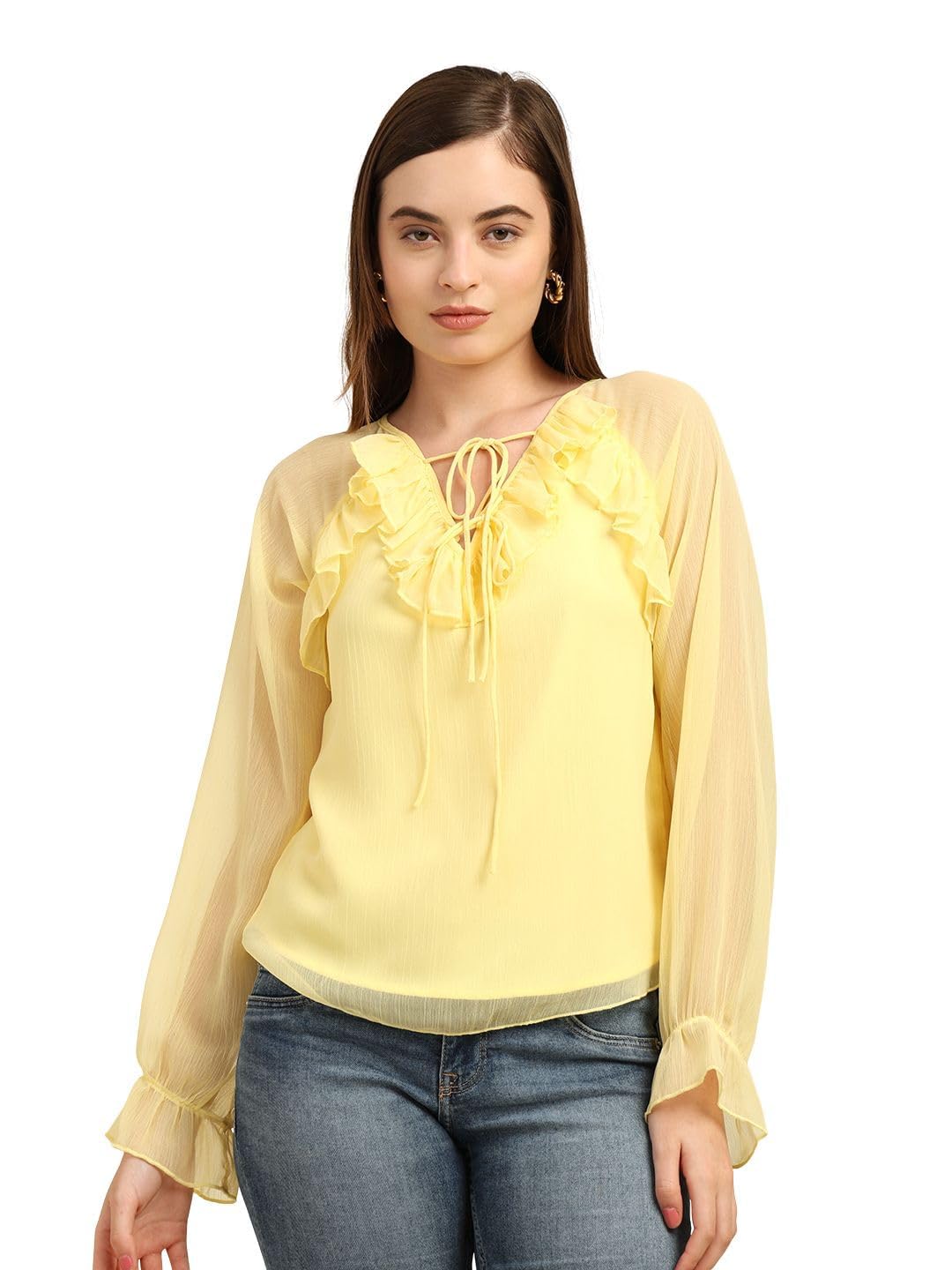 7ounce Women's Full-Sleeve Ruffle Yoke Chiffon Top - String Neck Detail & Lined Body-picture-4