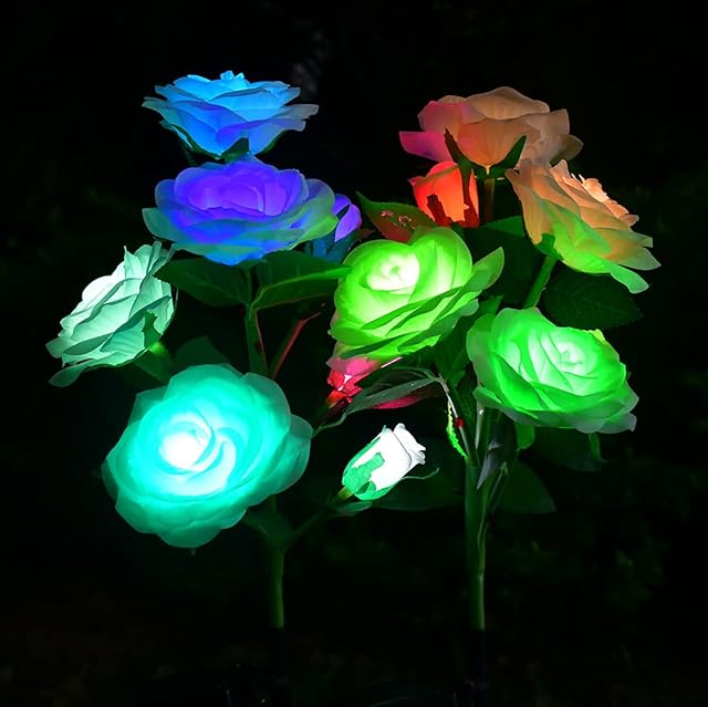 Upgraded 2 Pack Outdoor Solar Rose Lights, Realistic LED Solar Garden Lights with 7 Rose Flowers, 7 Color Changing Outdoor Waterproof Solar Stake Lights for Christmas Patio Pathway Garden Lawn