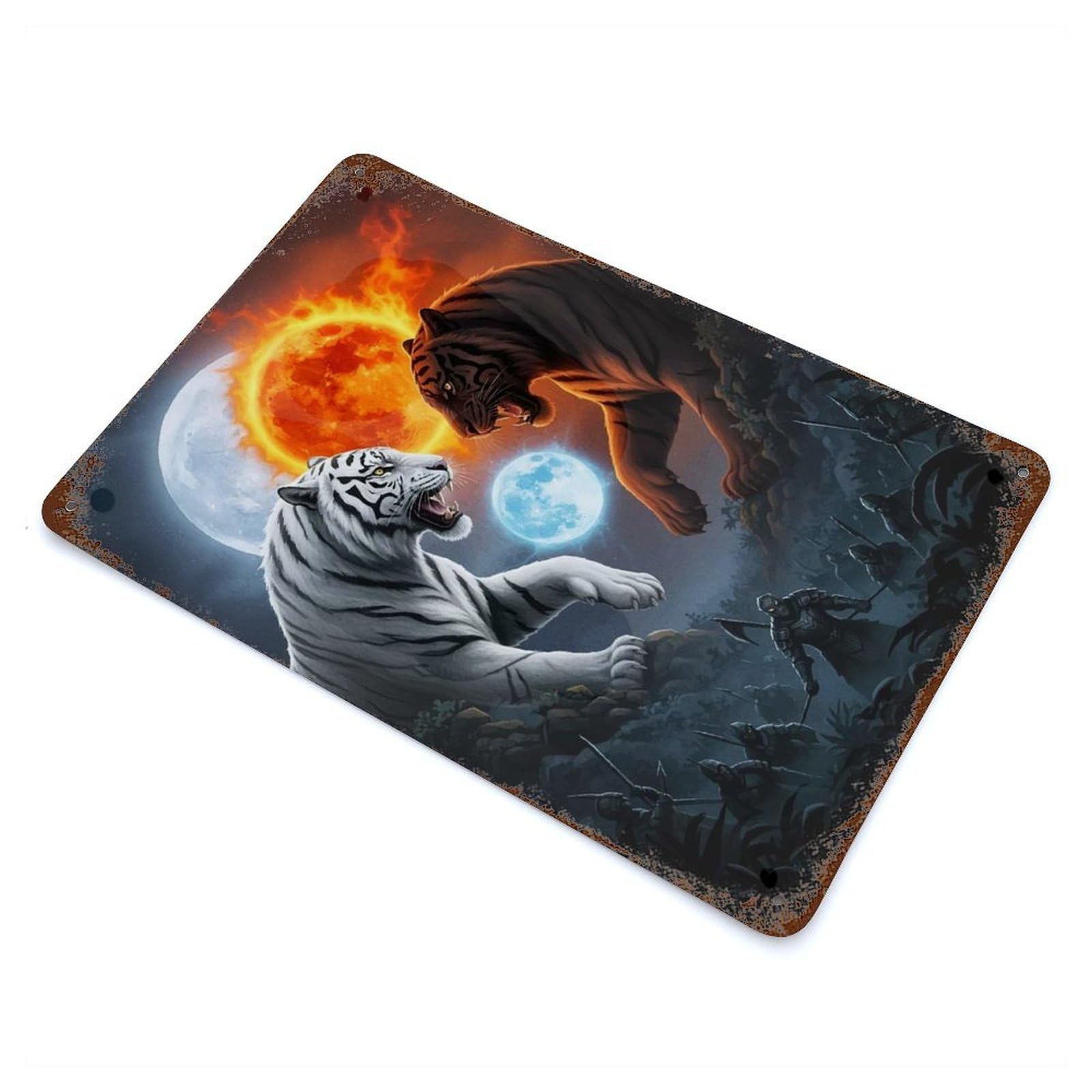 Tiger Confrontation Orange Vintage Wall Sign 11.8"x7.9", Rust Effect Metal Decor for Bistro, Counter And Cafe Decor