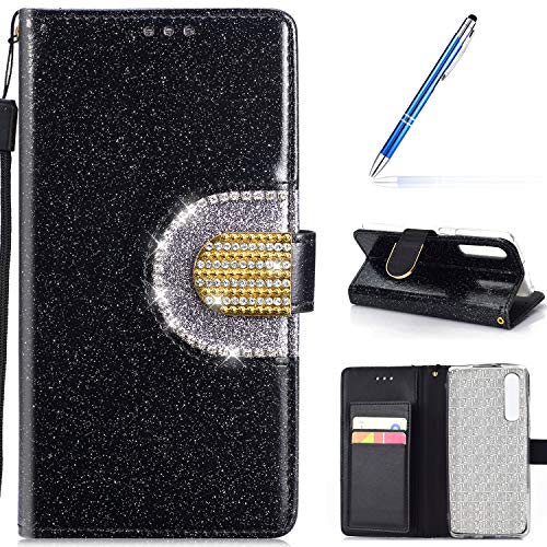 Robinsoni Case Compatible with Huawei P30 Phone Case Wallet PU Leather Phone Cover Book Style Cover Kickstand Case Folio Flip Phone Cover Shockproof Heavy Duty Case Hard Case Sparkle Bling Case Black