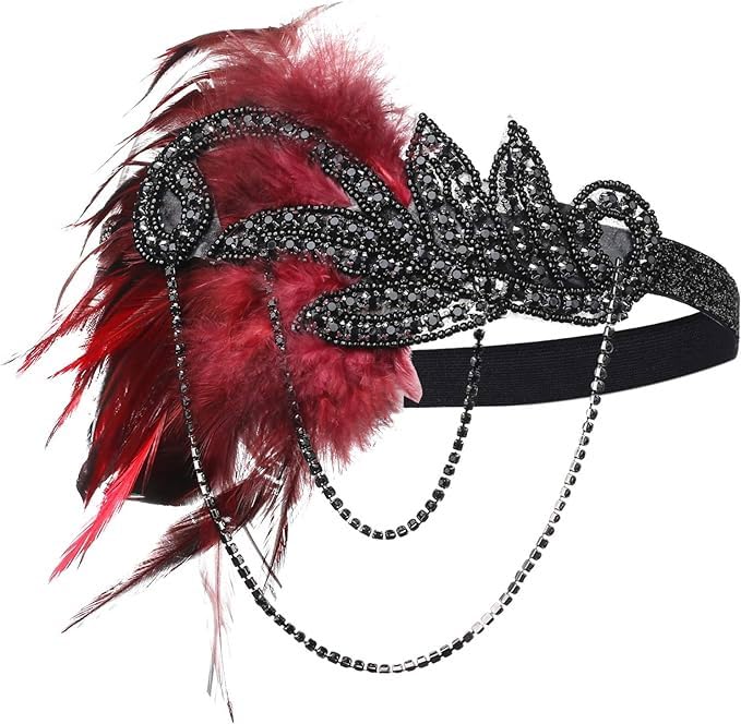 Image of 866A - Plus Size 1920s Vintage Fringed Gatsby Sequin Beaded Tassels Hem Flapper Party Prom Cocktail Dress with Accessories