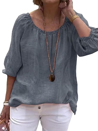Womens 3/4 Pleated Sleeve Round Neck Blouse - Solid Color Summer Casual Top Airy Flowy Silhouette for Everyday Wear
