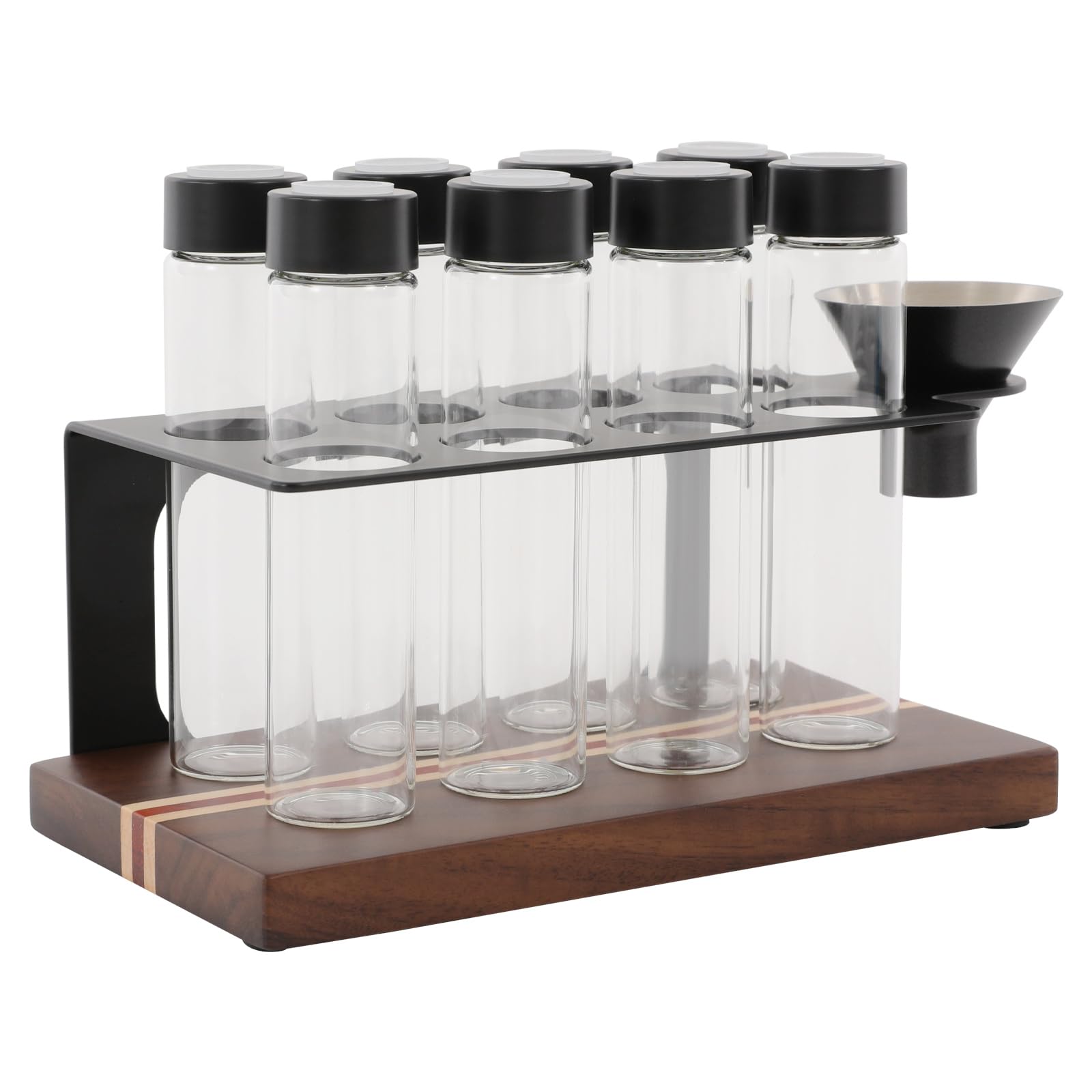 8 tubos para granos de café, vaso de café con soporte y embudo, base de madera maciza de nogal, latas de café, tarros de almacenamiento portátiles para granos de café y hojas de té