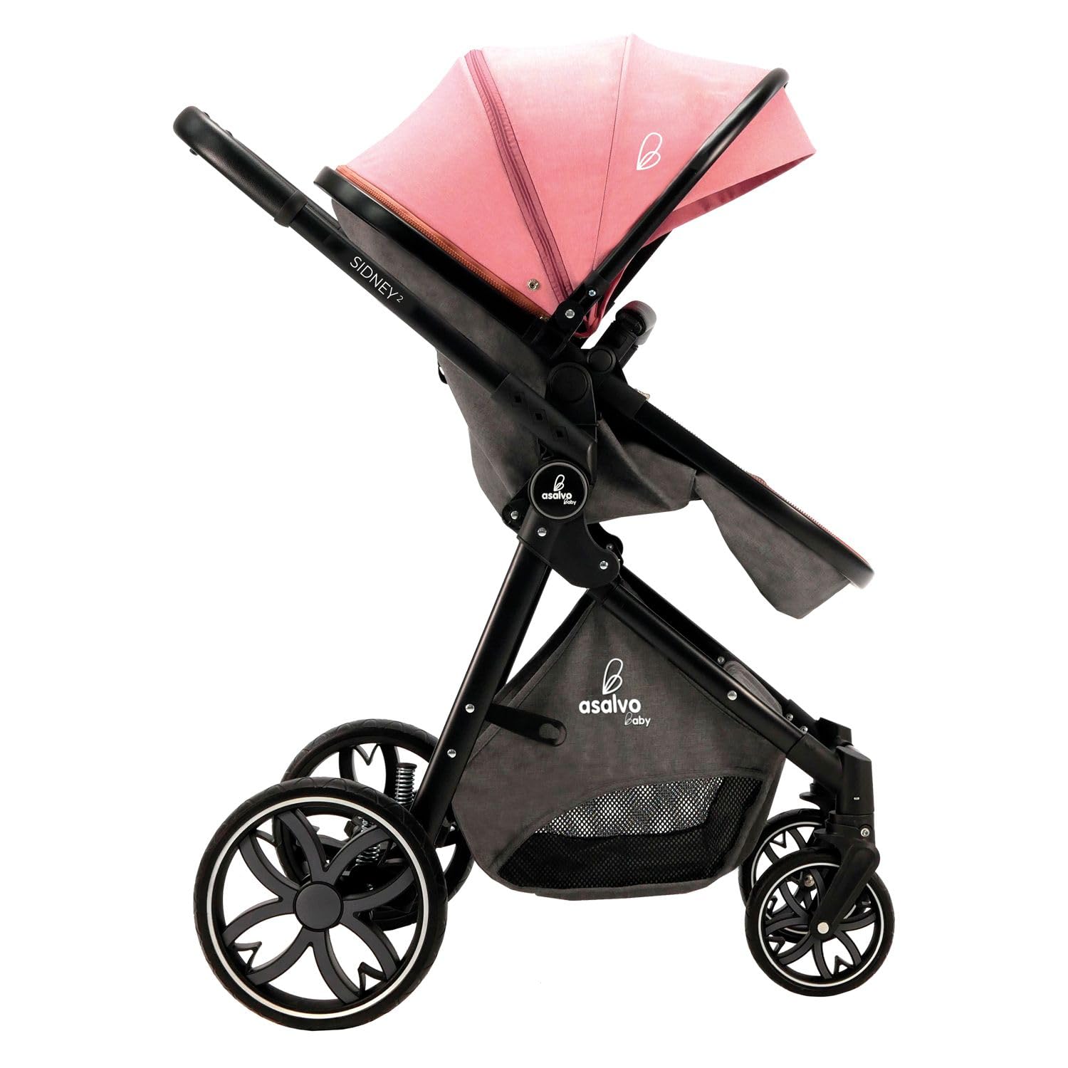 Asalvo SIDNEY 2 Trío Convertible 3 en 1, Silla de paseo, Carrito de bebé, Silla de Auto, Confortable, Segura, Capota extensible, Suspensión en las Ruedas, Freno trasero, Carga Máxima 23 kg, Rosa