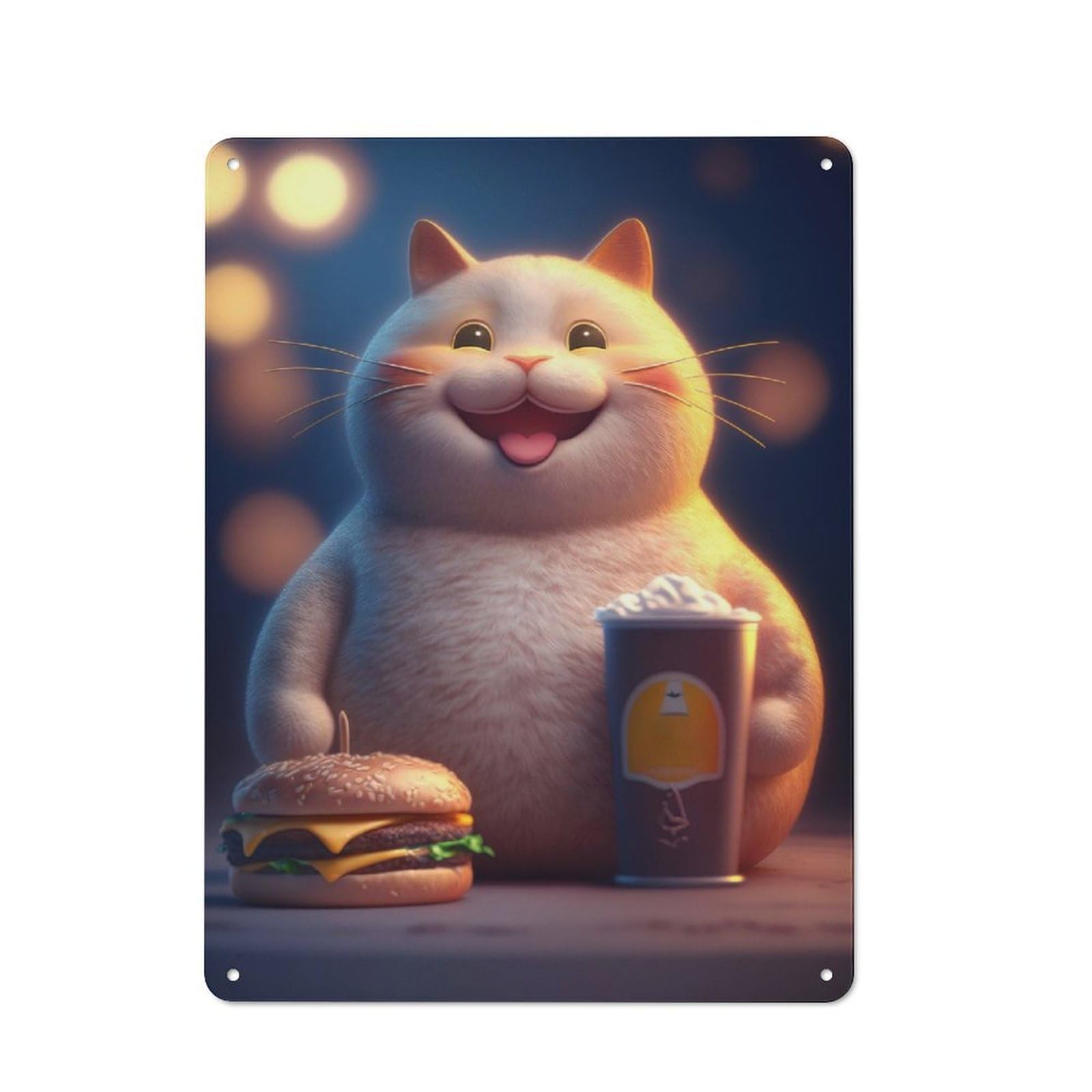 Junmoney Maneki Neko Burger Cat Loft Style Metal Wall Sign 40X30cm Featuring Studio Wall Art For Loft, Studio, Office Or Creative Room