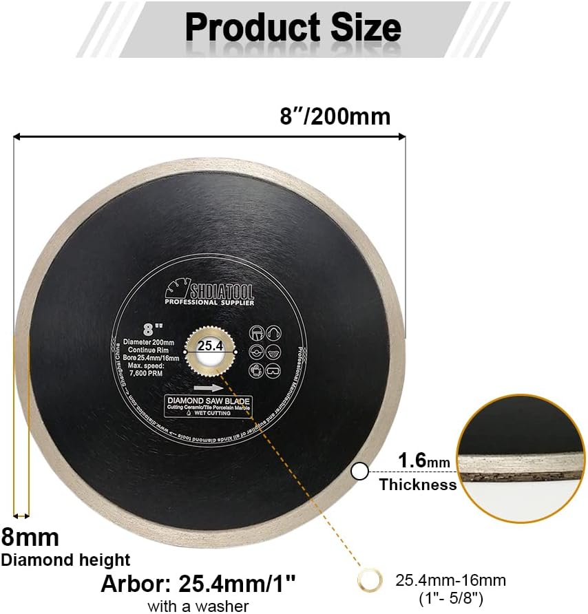 SHDIATOOL 8 Inch Ceramic Tile Saw Blade with Continue Rim Diamond Segment Wet Cutting Porcelain Granite Marble(2-Pack)
