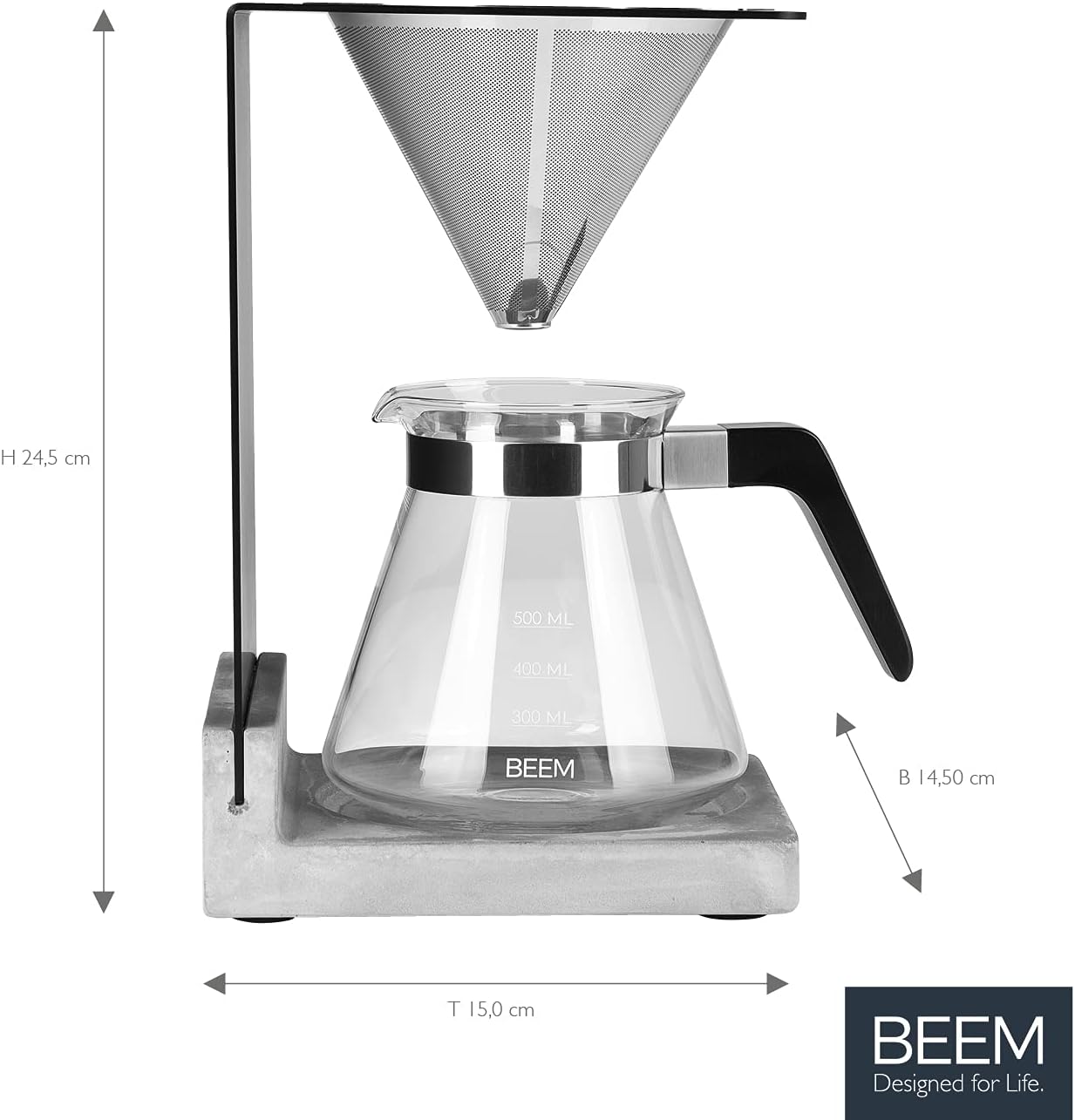 BEEM - Pour Over Coffee Maker, 4 Piece Coffee Dripper Machine with Glass Jug, Serves up to 4 Cups (0.5L)