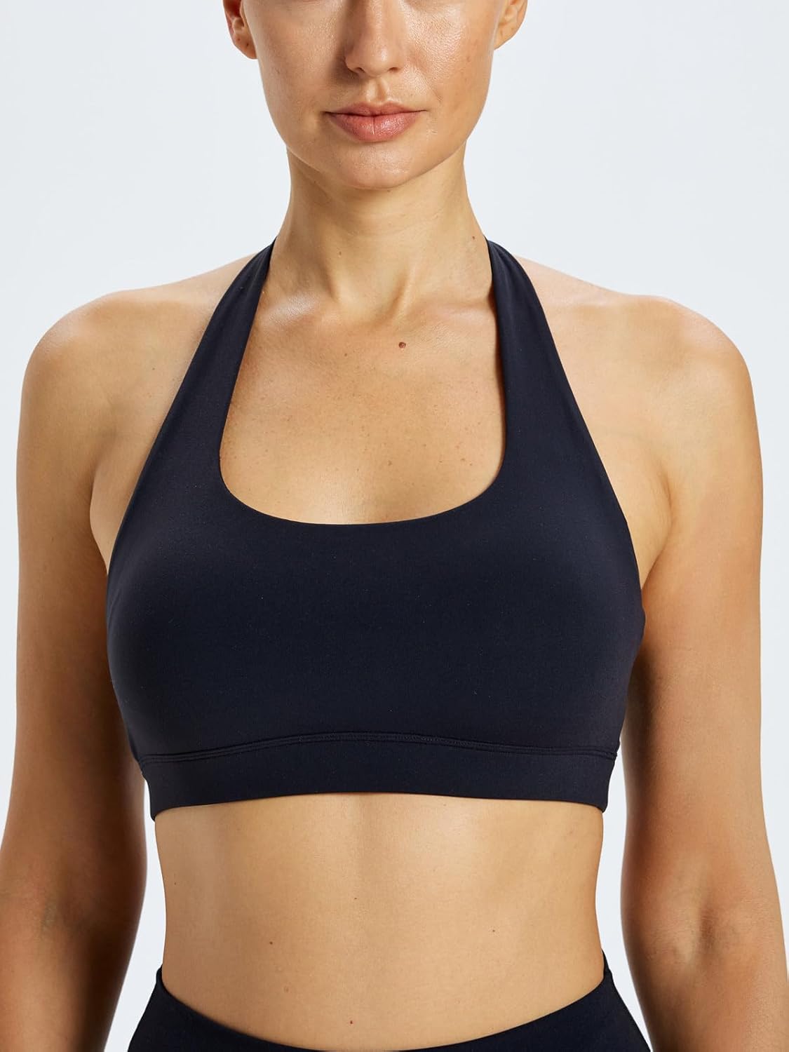 Womens Halter Sports Bra Soft Scoop Neck Yoga Crop Sexy Open Back Light Support Workout Gym Top Removable Pads