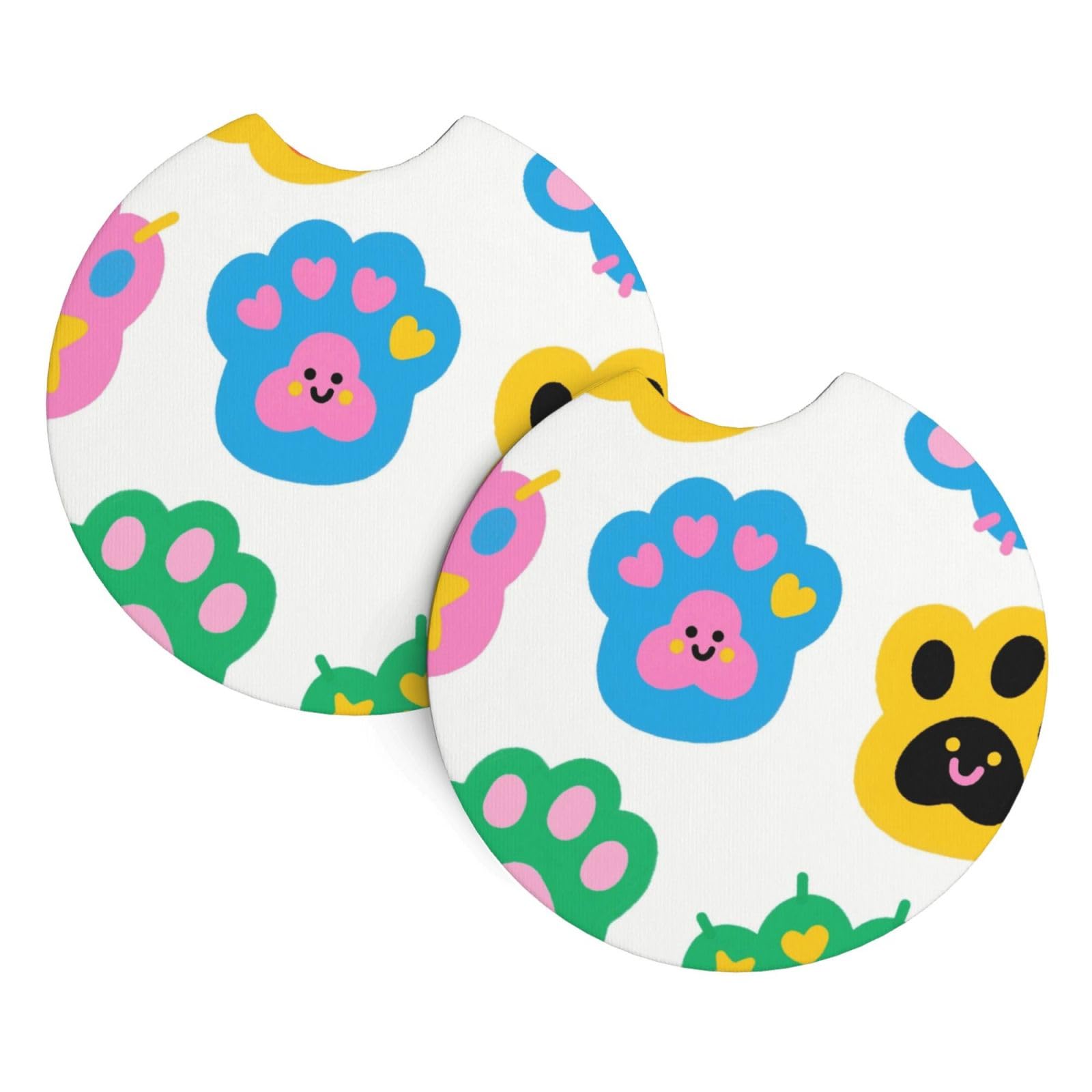 2 Pack Car Coaster for Cup Holders Colorful Doodle Cute Paw Print Car Cup Coaster 2.7" Neoprene Non-Slip Automotive Cup Mat Universal Auto Car Interior Accessories for Women Men Cup Pad