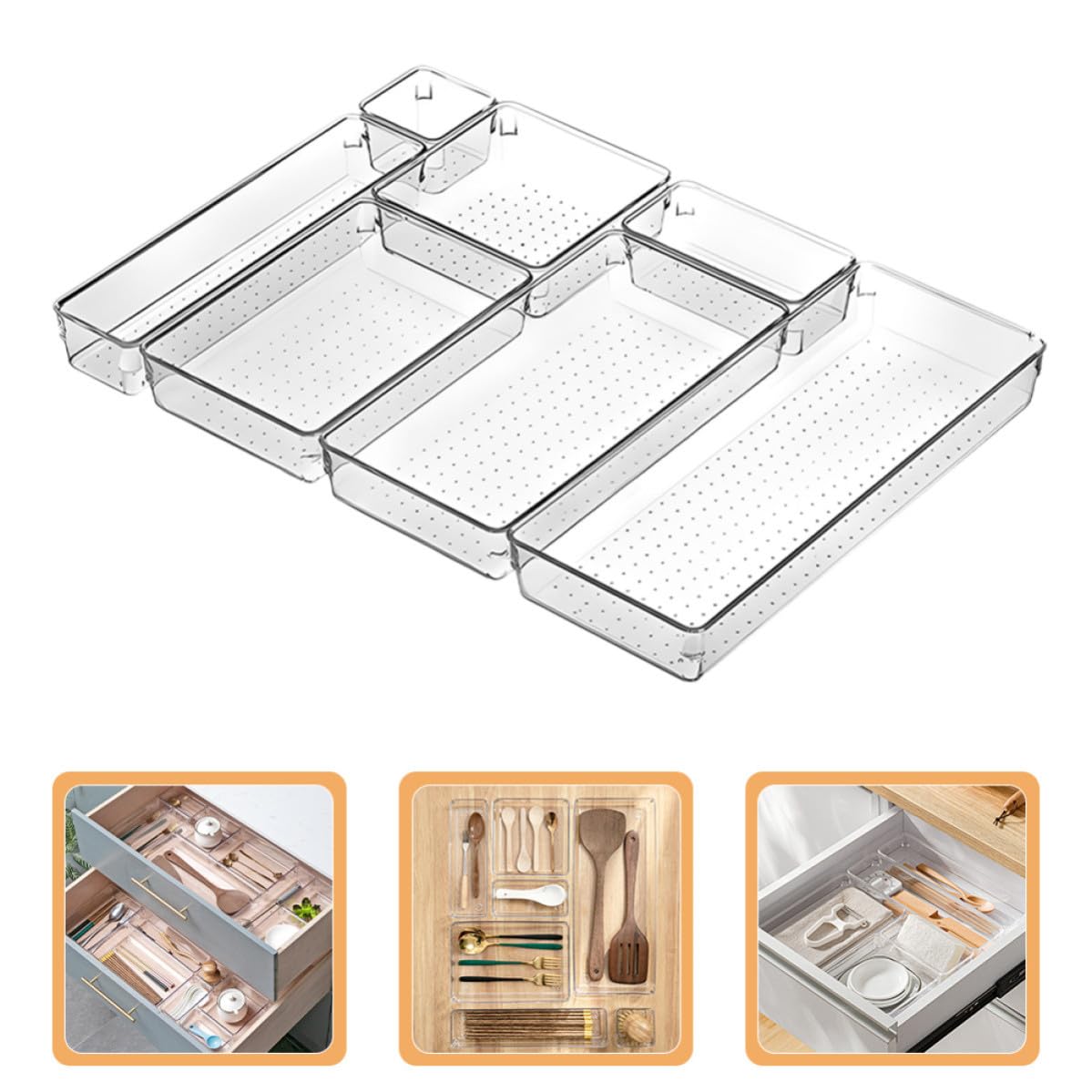 DOITOOL Set da Scrivania 7 Pezzi Organizer Trasparente Scomparti Multipli per Cassetti, Scatole Portaoggetti in Plastica per Casa e Ufficio, per Cancelleria e Accessori