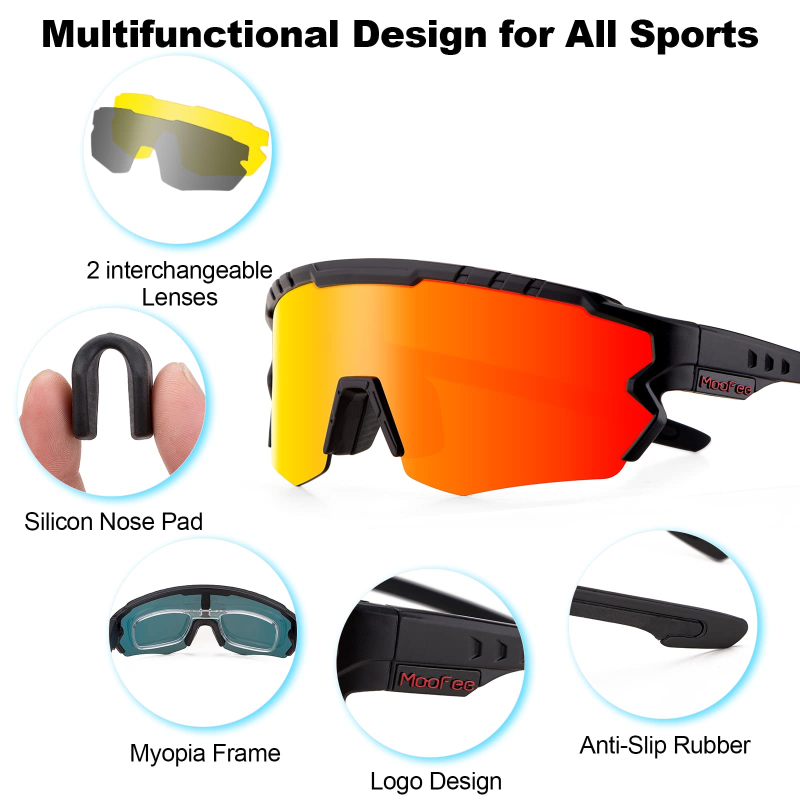 Occhiali da sole sportivi polarizzati con 3 lenti intercambiabili, per uomo e donna, occhiali da ciclismo, ciclismo, corsa, pesca (nero/rosso), nero/rosso, L