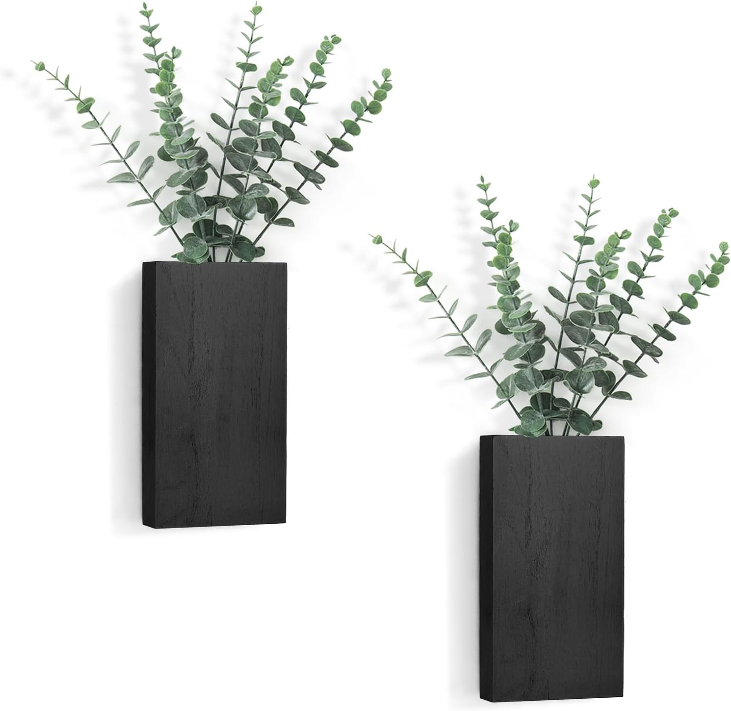 scratched dahey 2 pack wood wall planter vase with artificial eucalyptus farmhouse wall hanging decor pocket planter for indoor fake plants greenery, living room bedroom kitchen home office decoration, black black medium