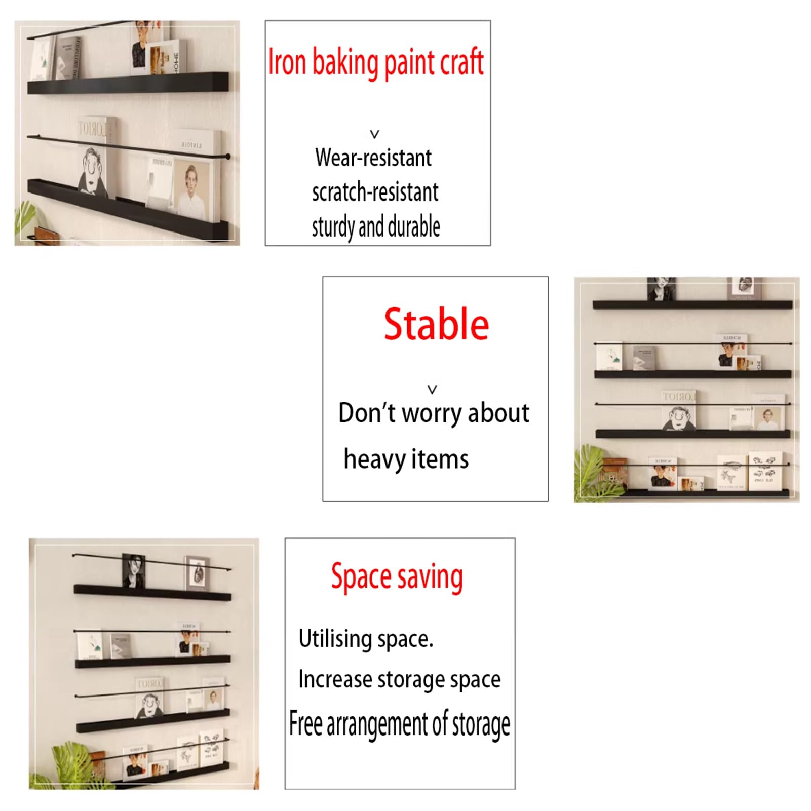 Portariviste e opuscoli da parete in metallo nero, minimalista, per casa, ufficio, soggiorno, bagno, sala d'attesa (110 cm, 1 confezione)