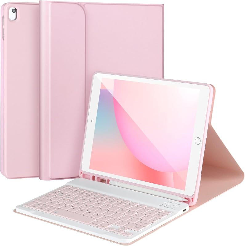 AHYWTAN Keyboard Case for iPad 9/8/7th Gen 10.2’’,Case with Keyboard ipad 10.2 inch,Detachable Bluetooth Keyboard with Pencil Holder,Pink