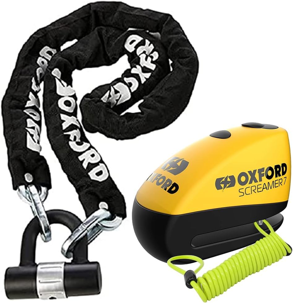 Oxford OF159 H D Motorbike Chain Lock + Screamer 7 Alarm Disc Lock Yellow/Black LK290 + Free Reminder Cable 1.5M