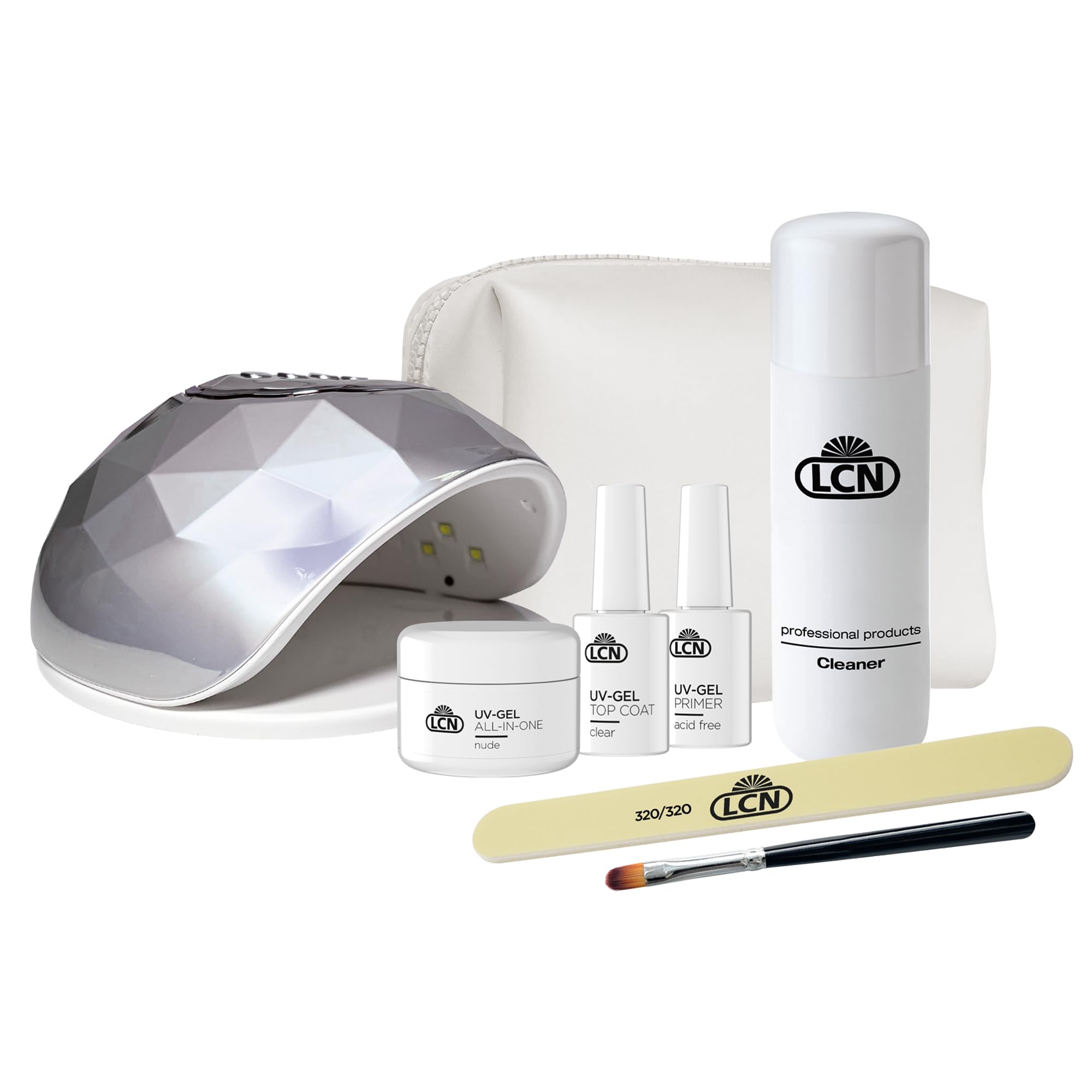 LCN Set di base in gel UV, set per nail art per principianti per unghie in gel, pacchetto completo per unghie perfette, con lampada LED UV, vegano, privo di acidi e HEMA