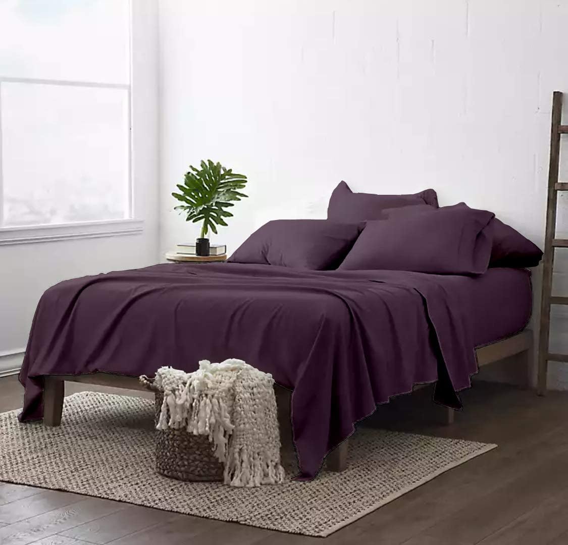 Extra-Deep-Pockets 100% Organic Cotton Sheets, 800-Thread-Count, 4 PC Set, Eco-Friendly, Soft Sateen Weave, Fits Mattress 21" Deep Pocket - |Twin-XL, Plum|