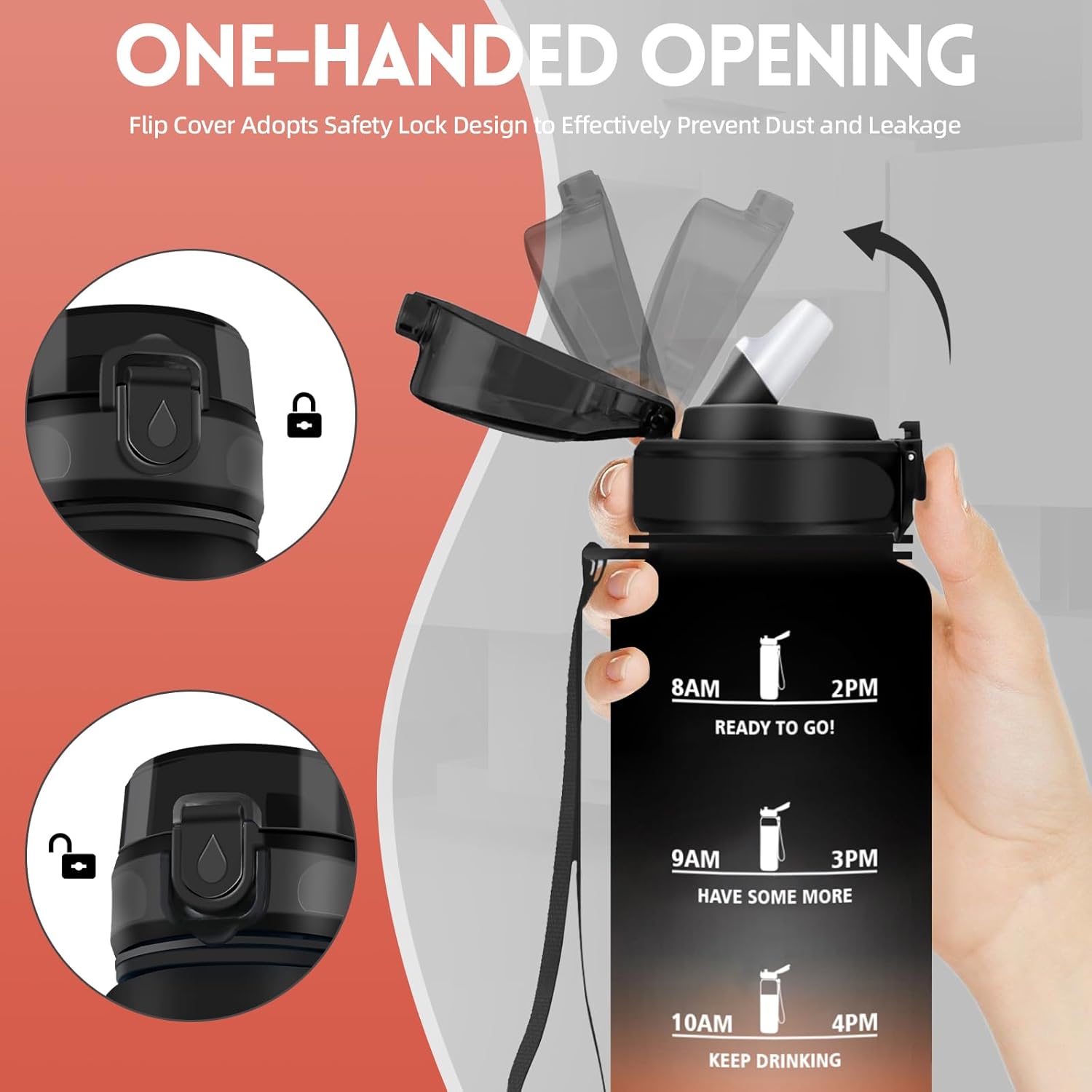 Drinking Bottle 1 Litre, Drinking Bottle with Straw, Gym Water Bottle with Time Marking, Drinking Bottle for Carbonated Drinks, Can Be Carried, for Yoga, Camping, Hiking, Black/Red