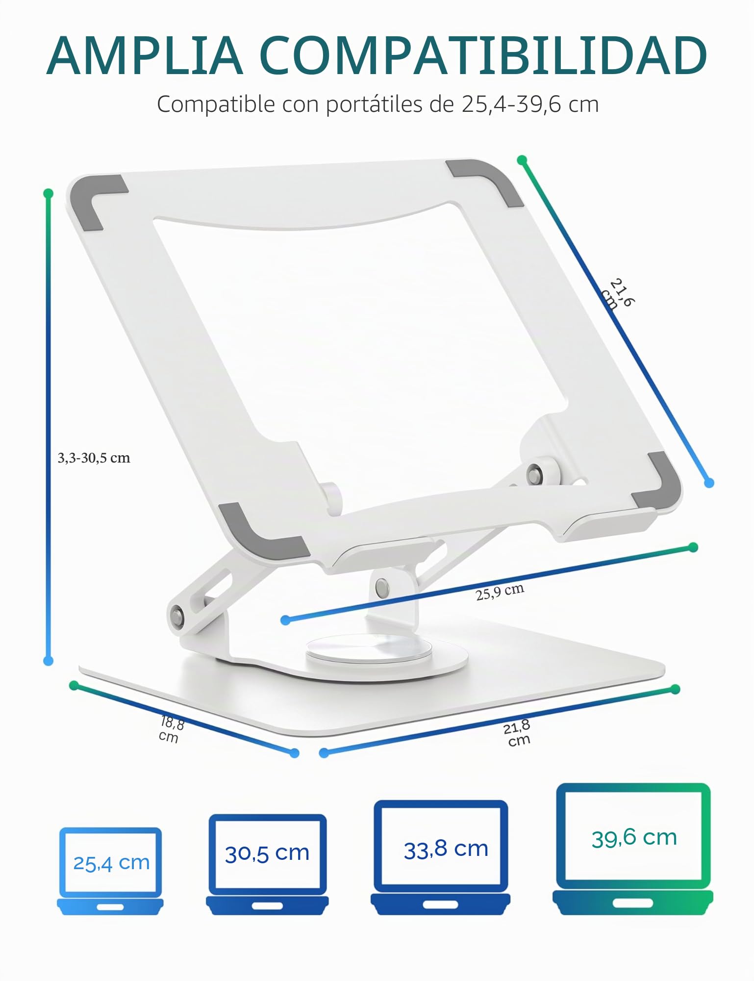 SOUNDANCE Soporte para portátil con Base giratoria de 360°, Elevador ergonómico para computadora para Escritorio, Altura Ajustable multiángulo, computadora portátil de 10 a 15.6 Pulgadas, Blanco