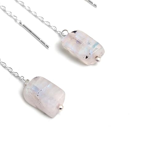 Moonstone Earrings, Raw Stone Earrings, Tassel Threader Earrings, Pull Through Earring, New Beginning Jewelry, June Birthstone, Party Wear, 925