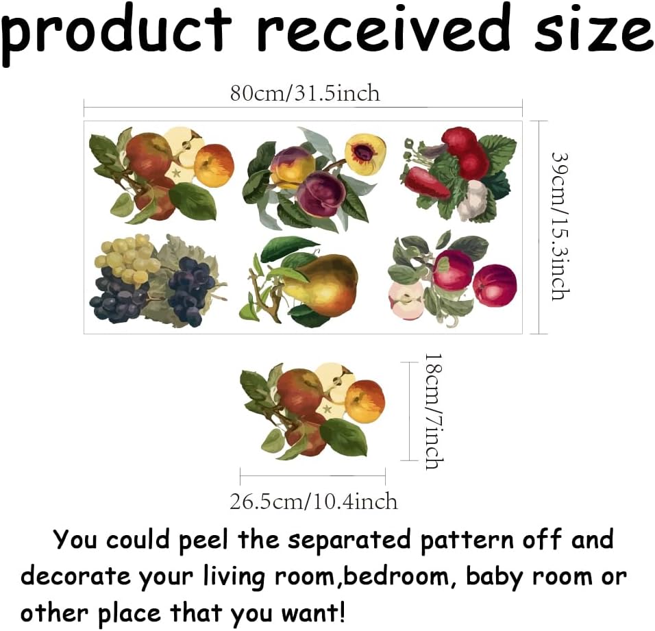 SUPERDANT Vintage Fruits Wall Stickers Grapes Peaches Wall Decals Kitchen Retro Country Art Decor Peel and Stick Vinyl Murals for Refrigerators Cabinet Dining Room Livingroom Nursery Decoration