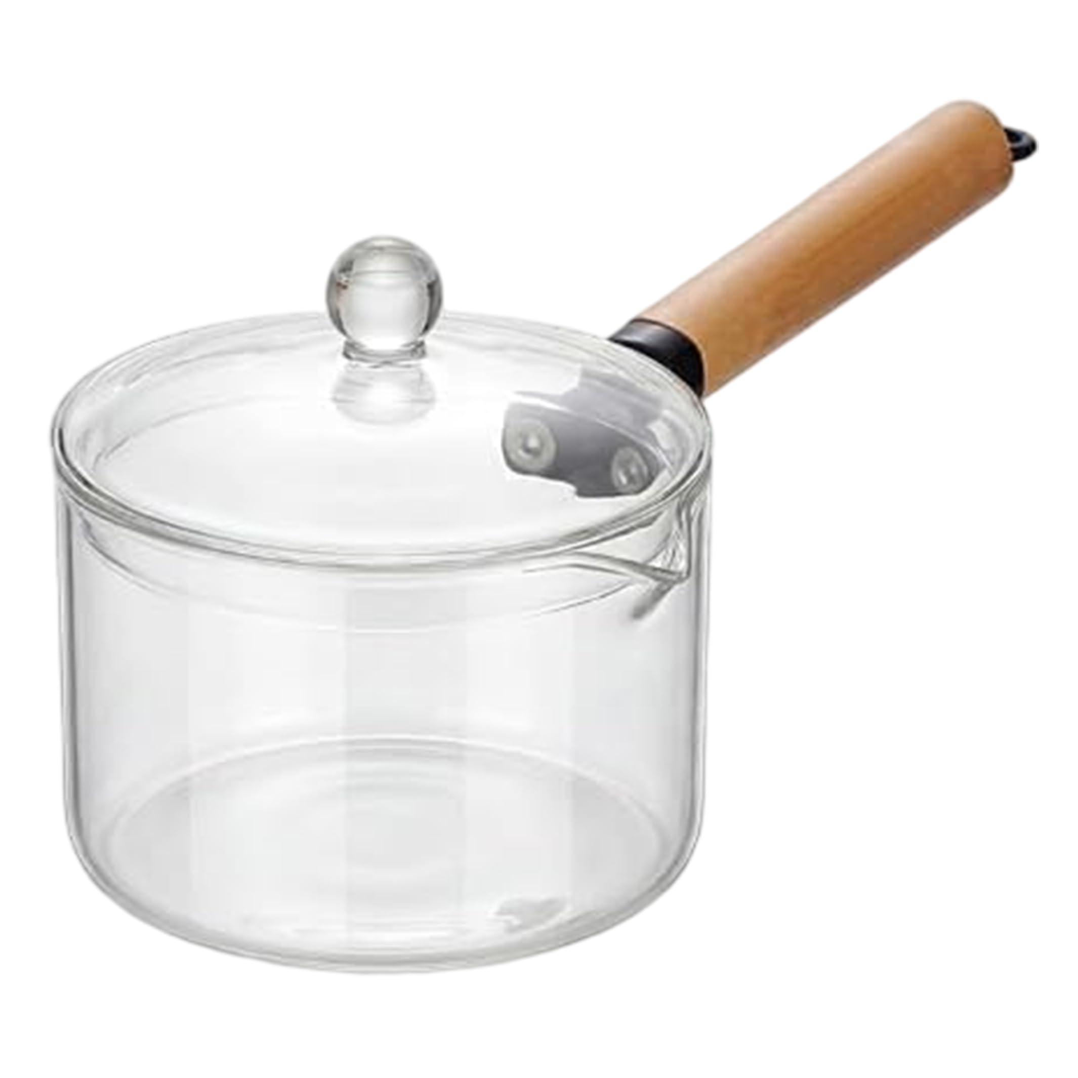 Cacerola de cristal de 1900 ml con mango de madera transparente y tapa para leche