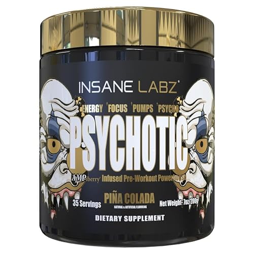 Insane Labz Psychotic Gold, High Stimulant Pre Workout Powder, Extreme Lasting Energy, Focus, Pumps and Endurance with Beta Alanine, DMAE Bitartrate, Citrulline, NO Booster, 35 Srvgs, (Pina Colada)